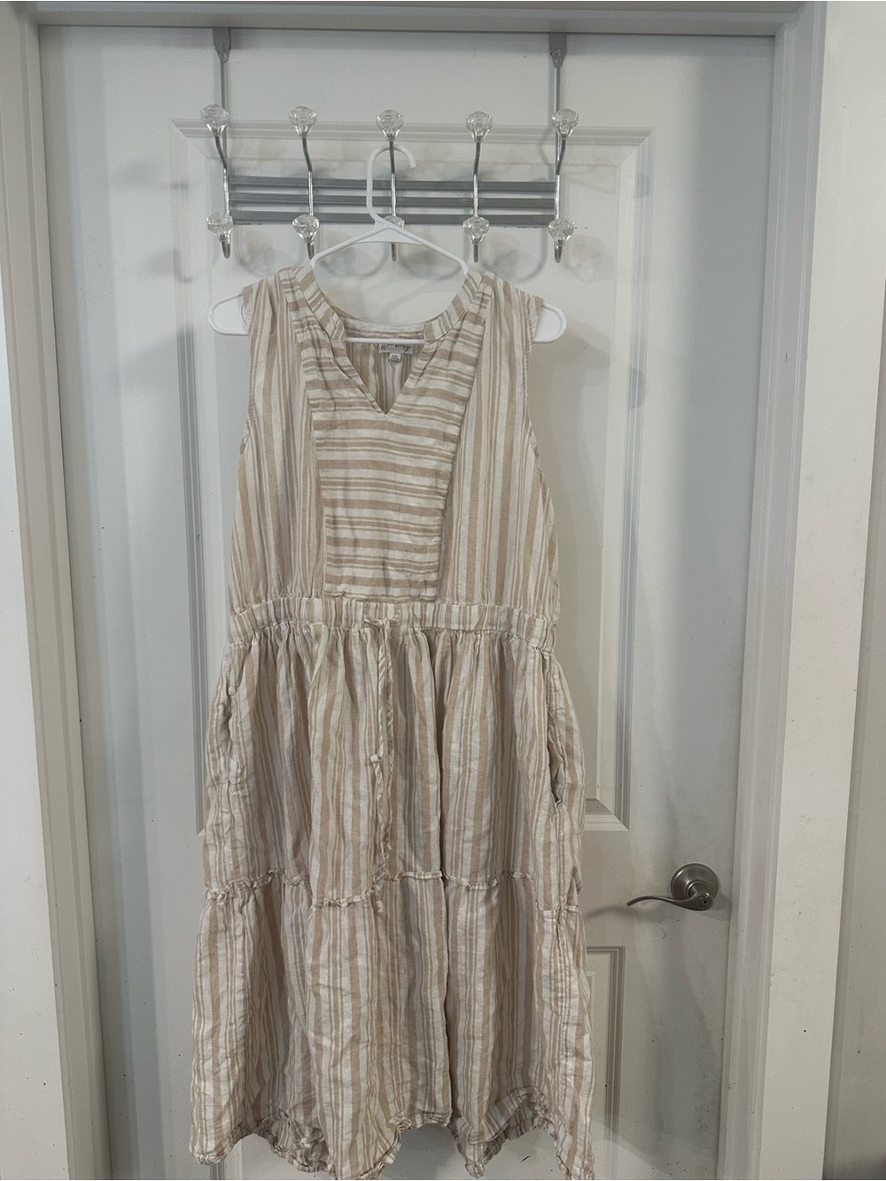 Wonderly Beige and Cream Striped Sleeveless Tiered Dress